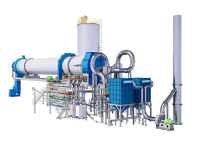Industrial Processing Equipment With Rotary Kiln Pipes Tower And Structural Components 3d model