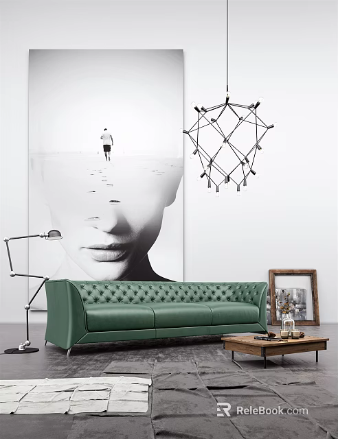 Modern Green Tufted Leather Sofa and Wooden Coffee Table Set with Geometric Chandelier and Artwork 3d model 