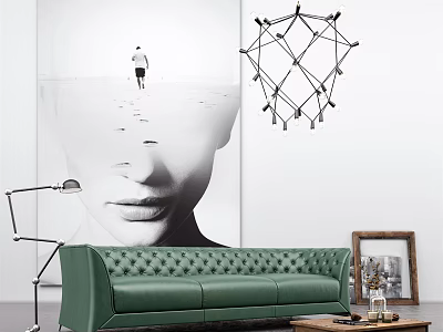 Modern Green Tufted Leather Sofa and Wooden Coffee Table Set with Geometric Chandelier and Artwork 3d model