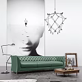 Modern Green Tufted Leather Sofa and Wooden Coffee Table Set with Geometric Chandelier and Artwork