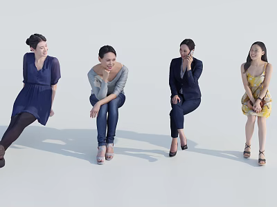 Group of Four Women Sitting on White Background With Various Poses 3d model