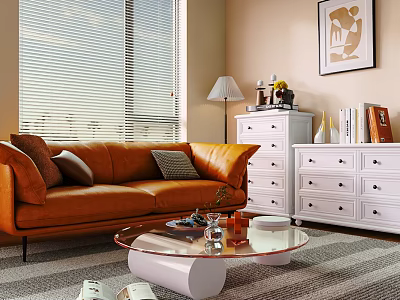 Cozy Living Room Interior With Orange Sofa Glass Coffee Table White Dressers And Window Blinds 3d model