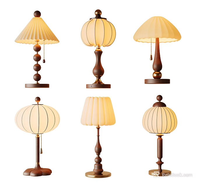 Vintage Table Lamps with Wooden Bases and Various Shapes Decorative Shades 3d model 