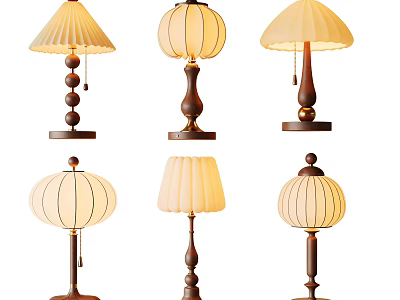 Vintage Table Lamps with Wooden Bases and Various Shapes Decorative Shades 3d model