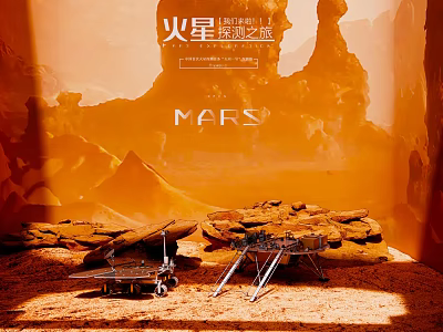 Mars Exploration Exhibition Hall with Martian Landscape Rocks and Space Rover Models 3d model