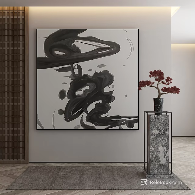 Abstract Black White Painting With Fluid Lines Red Flowers On Stone Pedestal Modern Interior 3d model 
