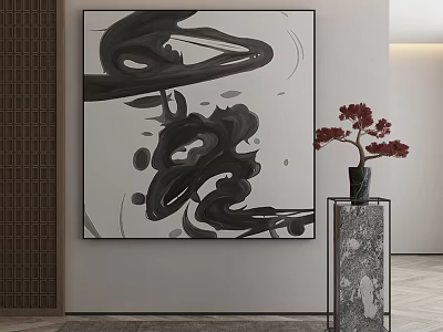 Abstract Black White Painting With Fluid Lines Red Flowers On Stone Pedestal Modern Interior 3d model