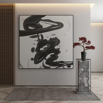 Abstract Black White Painting With Fluid Lines Red Flowers On Stone Pedestal Modern Interior 3d model
