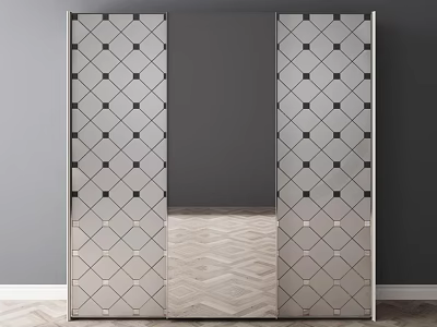 Stylish Modern Wardrobe With Mirrored Doors And Diamond Pattern Silver Panel Design 3d model