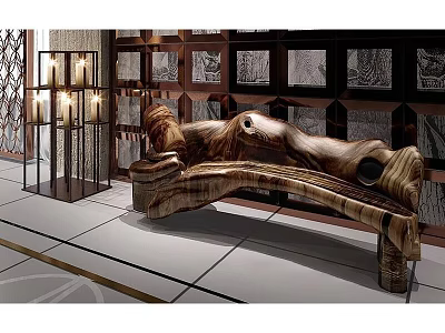 Unique Wooden Multi Person Sofa With Artistic Design In Elegant Interior 3d model