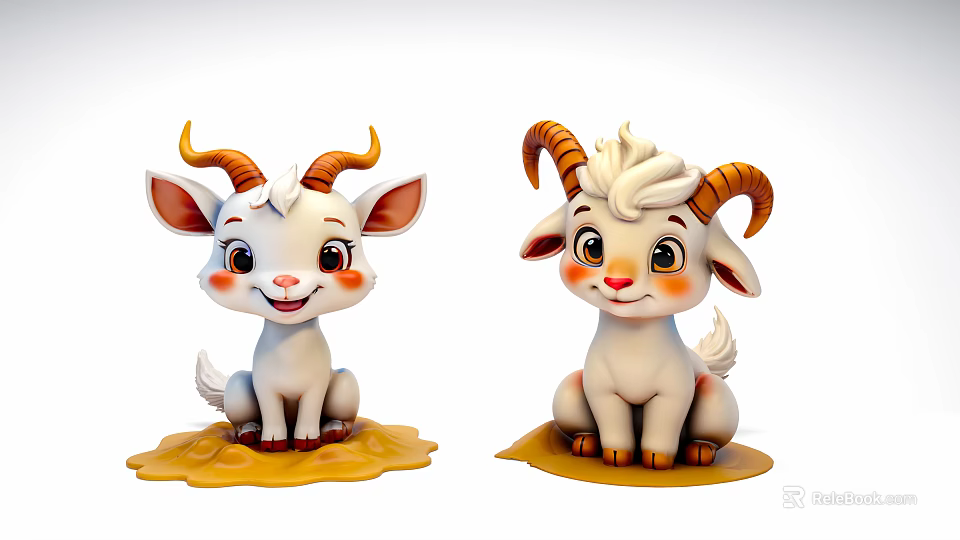 Cute Cartoon Goats With White Fur Brown Horns And Red Cheeks Sitting On Yellow Base 3d model 