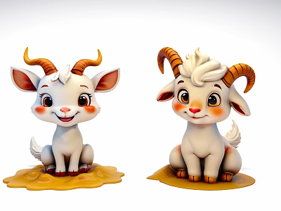 Cute Cartoon Goats With White Fur Brown Horns And Red Cheeks Sitting On Yellow Base 3d model