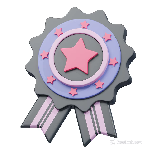Cute Decorative Ornament Set With Pink Star Purple Circle Gray Border And Striped Ribbon 3d model 