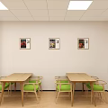 Restaurant Interior With Wooden Tables Green Chairs White Counter Open Wooden Shelves And Refrigerator