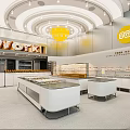 Modern Bright Dessert Shop in Shopping Area With Cashier Counters Display Cases and Colorful Decorations