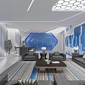 Modern Tech Inspired Office With Blue Geometric Patterns Sofas Tables Chairs Greenery And Bar Counter 3d model