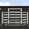 Traditional Chinese Multistory Building With Symmetrical Design Overhanging Eaves And Greenery