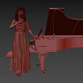 Woman in Elegant Floral Dress Playing Black Grand Piano in Minimalist Studio