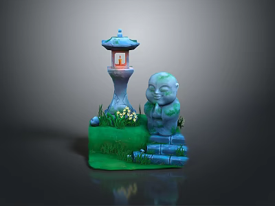 Little Monk Statue With Illuminated Lantern Small Flowers On Green Grass And Steps 3d model