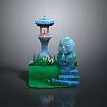 Little Monk Statue With Illuminated Lantern Small Flowers On Green Grass And Steps