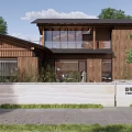 Modern Detached Villa Exterior With Wooden Stone Facade Green Lawn And Trees