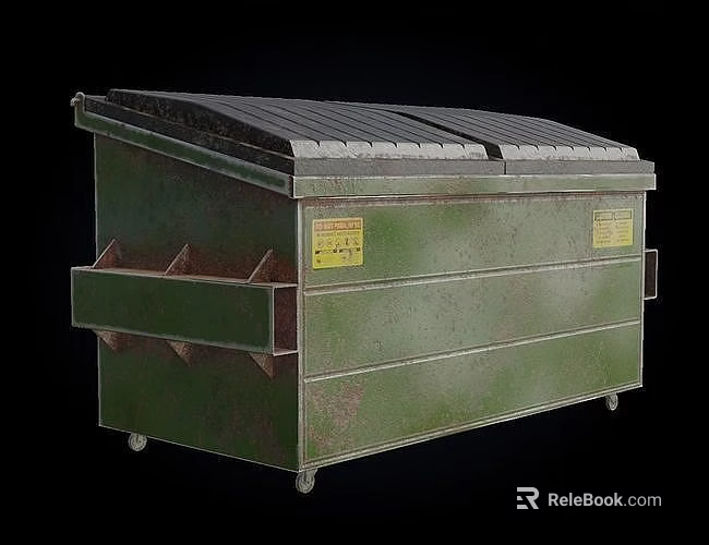 Public Facility Green Waste Container with Wheels Top Lid and Yellow Labels 3d model 