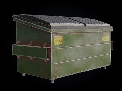 Public Facility Green Waste Container with Wheels Top Lid and Yellow Labels 3d model