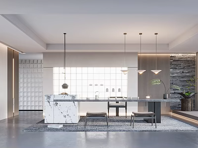 Modern Restaurant Interior Design With Open Layout Marble Countertop And Hanging Lights 3d model