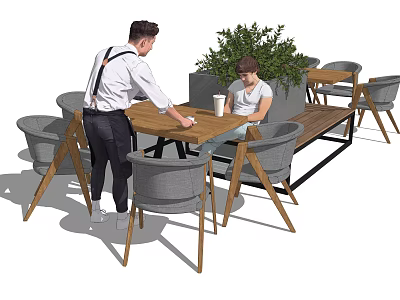 Modern Wooden Dining Table Set With Gray Chairs Green Plant And People Interacting 3d model