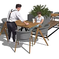 Modern Wooden Dining Table Set With Gray Chairs Green Plant And People Interacting