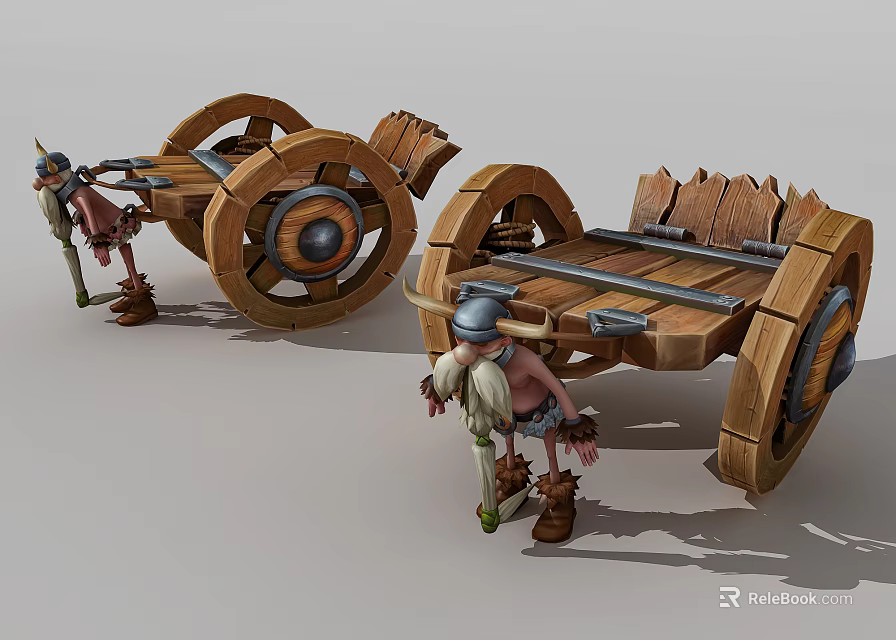 Game Movie Dwarf Characters Pushing Wooden Carts With Large Wheels And Horned Helmets 3d model 