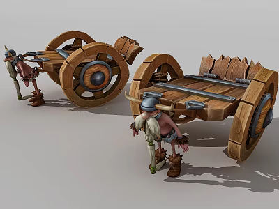 Game Movie Dwarf Characters Pushing Wooden Carts With Large Wheels And Horned Helmets 3d model