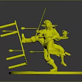 Adventurous Male And Female Characters With Sword Arrows And Cooking Pot On Wooden Stand Base