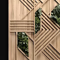 Modern Wooden Partition With Geometric Patterns And Green Foliage Decor