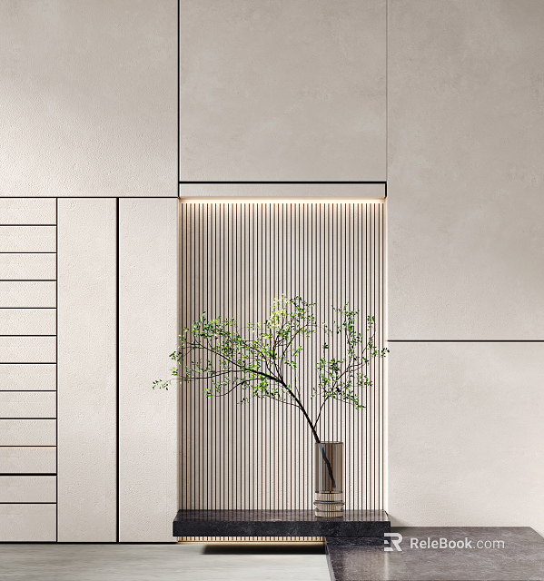 Modern Minimalist Interior With Green Foliage In Vase And Beige Wall Slat Partition 3d model 