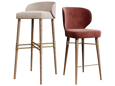Two Beige And Burgundy Velvet Bar Stools With Wooden Legs And Brass Accents 3d model