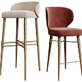 Two Beige And Burgundy Velvet Bar Stools With Wooden Legs And Brass Accents