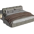 Modern Gray Upholstered Double Bed With Plush Pillows And Throw Blanket 3d model