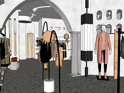 Modern Clothing Store Interior With Mannequins Hanging Outfits Arch Design And Ceiling Lights 3d model