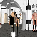 Modern Clothing Store Interior With Mannequins Hanging Outfits Arch Design And Ceiling Lights