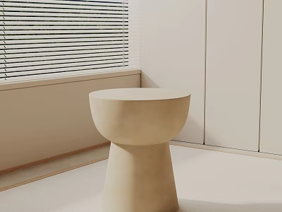 Minimalist Beige Round Bedside Table In Modern Bedroom With White Cabinet And Window Blinds 3d model