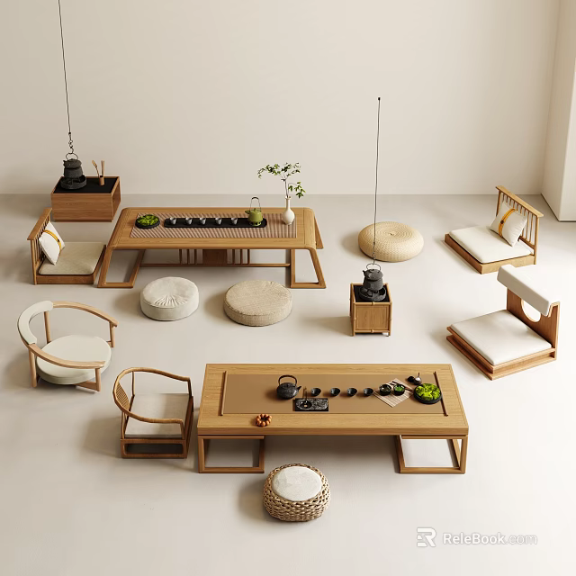 Zen Style Living Area With Wooden Tea Tables Cushions And Teasets 3d model 