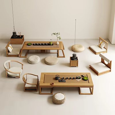 Zen Style Living Area With Wooden Tea Tables Cushions And Teasets 3d model