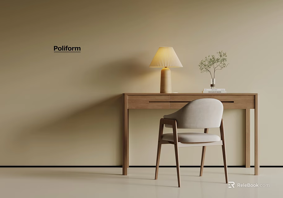 Modern Wooden Desk With Light Gray Chair Table Lamp And Small Green Plant 3d model 