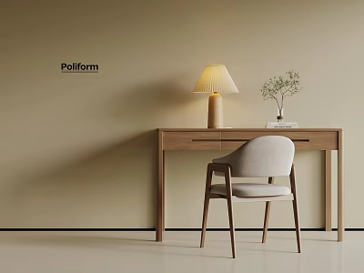 Modern Wooden Desk With Light Gray Chair Table Lamp And Small Green Plant 3d model