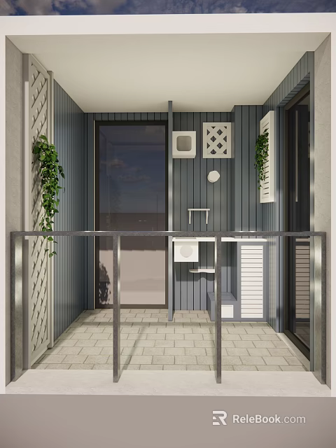 Cozy Balcony Featuring Gray Walls Glass Door Metal Railings White Tile Floor And Green Vines 3d model 