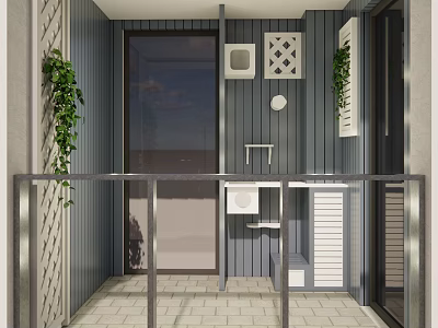 Cozy Balcony Featuring Gray Walls Glass Door Metal Railings White Tile Floor And Green Vines 3d model