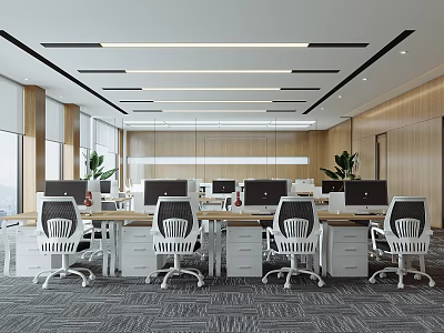 Modern Public Office Space With Multiple Workstations Computers Large Windows And Indoor Plants 3d model