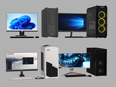 Modern Desktop Computers With Various Monitor Screens And Tower Designs 3d model