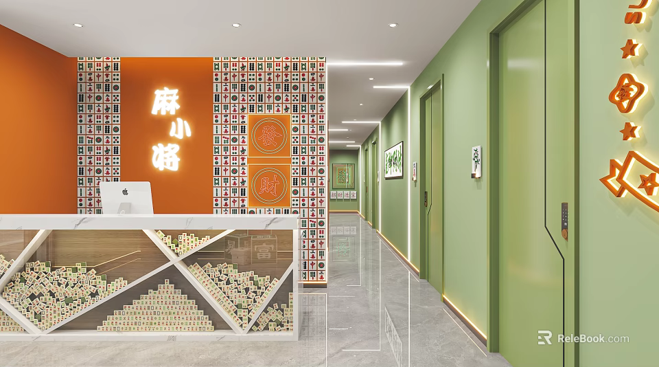 Shopping Mall Lobby With Orange Patterned Wall Green Walls And Reception Counter 3d model 